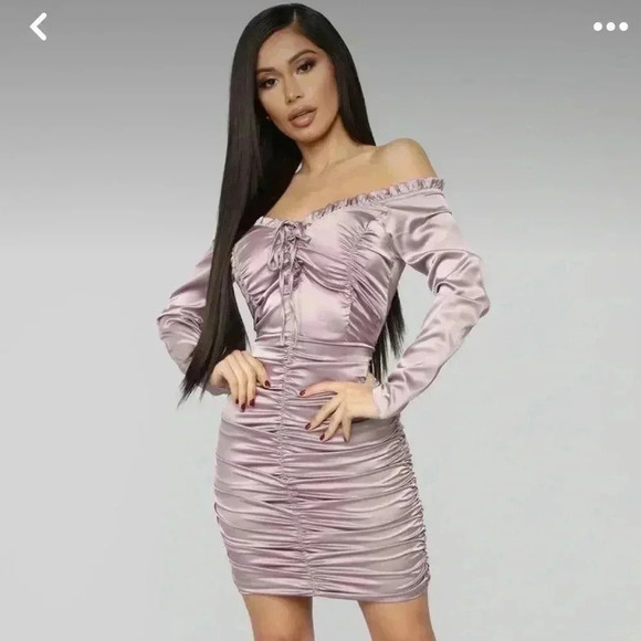 NWT FASHION NOVA MAUVE MAKE A  FIRST IMPRESSION DRESS OFF THE SHOULDER SATIN L - Picture 1 of 7